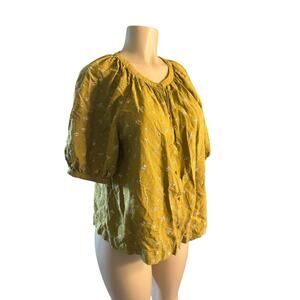 Women L Uniqlo Linen Blend Volume Sleeve Blouse Print Button Shirt Top Green